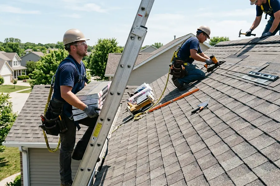 Beardman Building Services roofing crew installing architectural shingles in Boca Grande